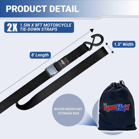 Motorcycle Tie Down Straps, 1.5" x 8', 3,000 LBS Break Strength, 2-Pack