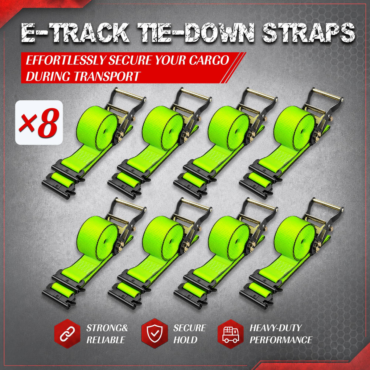 8 Pack E Track Tie Down Straps with Ratchet, 2" x 15' Heavy Duty