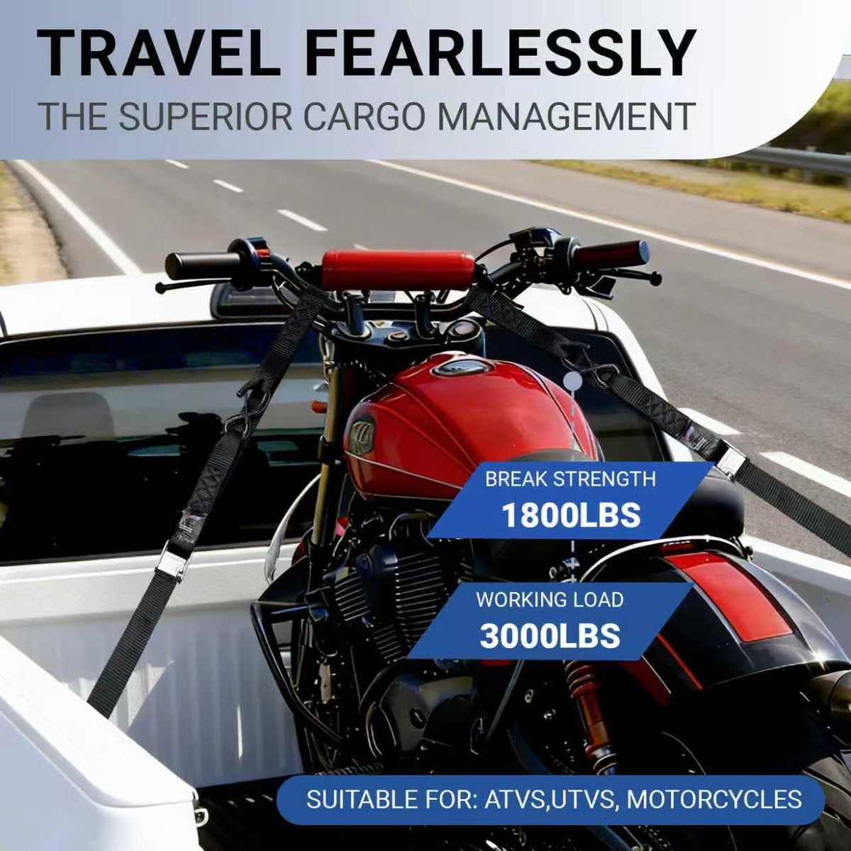 Motorcycle Tie Down Straps, 1.5" x 8', 3,000 LBS Break Strength, 2-Pack