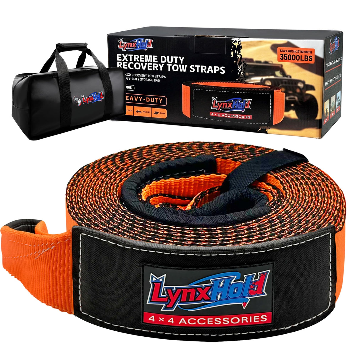 Kinetic Recovery Tow Rope, 1" x 30ft, 46,500 lb, 30% Elasticity Offroad Tow Strap