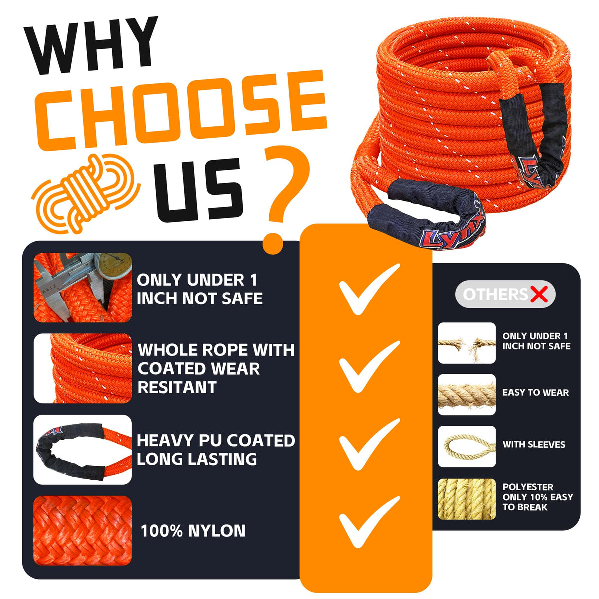 Kinetic Recovery Tow Rope, 1" x 30ft, 46,500 lb, 30% Elasticity Offroad Tow Strap