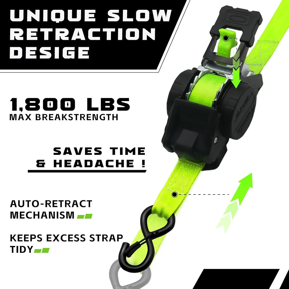 Retractable Ratchet Straps 1" x 13 Ft, Bolt-On, 1,800 Lbs, Green, 2 Pack