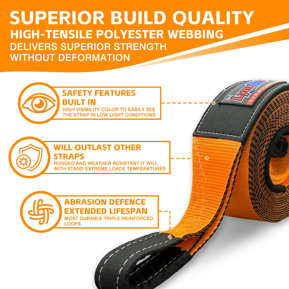 Kinetic Recovery Tow Rope, 1" x 30ft, 46,500 lb, 30% Elasticity Offroad Tow Strap