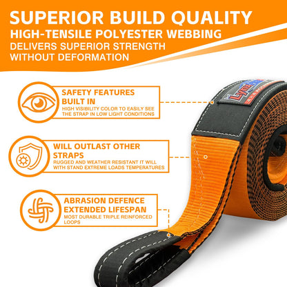 Kinetic Recovery Tow Rope, 1" x 30ft, 46,500 lb, 30% Elasticity Offroad Tow Strap