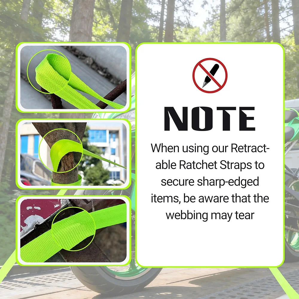 Retractable Ratchet Straps 1" x 13 Ft, Bolt-On, 1,800 Lbs, Green, 2 Pack