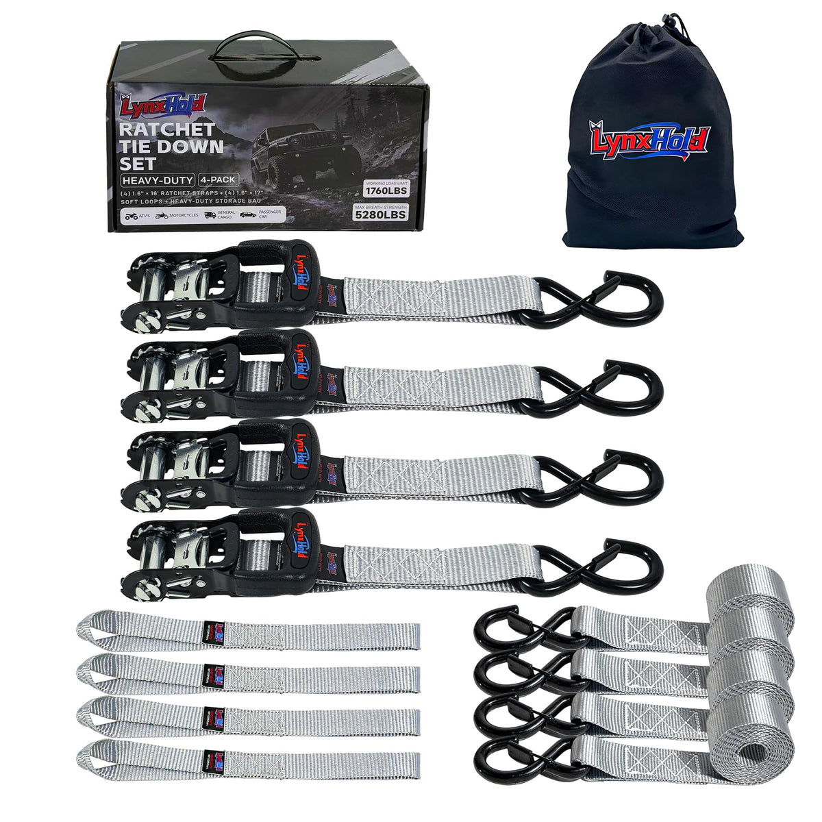 Ratchet Tie Down Straps, 1.6" x 8', 5,280 LBS Break Strength