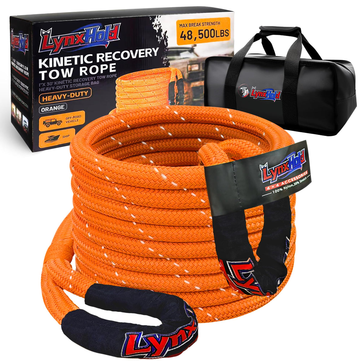 Kinetic Recovery Tow Rope, 1" x 30ft, 46,500 lb, 30% Elasticity Offroad Tow Strap