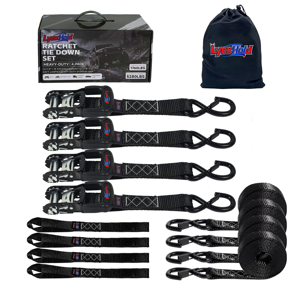 Ratchet Tie Down Straps, 1.6" x 8', 5,280 LBS Break Strength