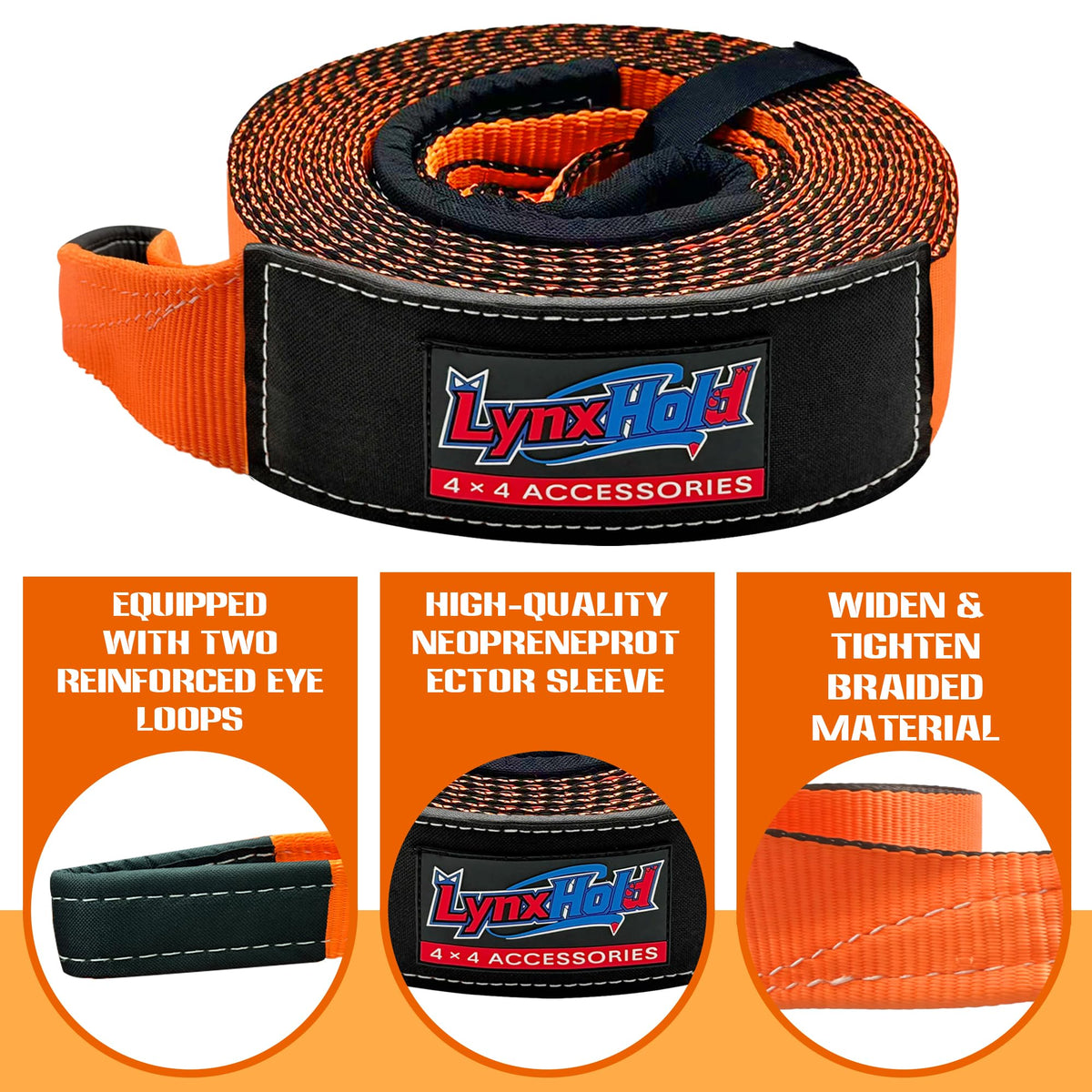 Kinetic Recovery Tow Rope, 1" x 30ft, 46,500 lb, 30% Elasticity Offroad Tow Strap