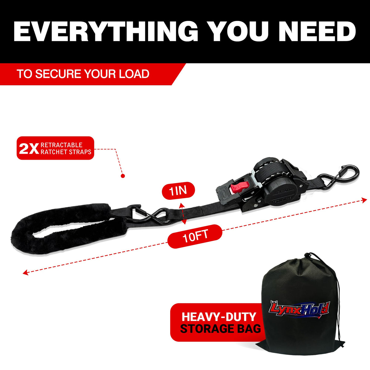 Retractable Motorcycle Tie Down Straps, 1" x 10' with Fleece Sleeves