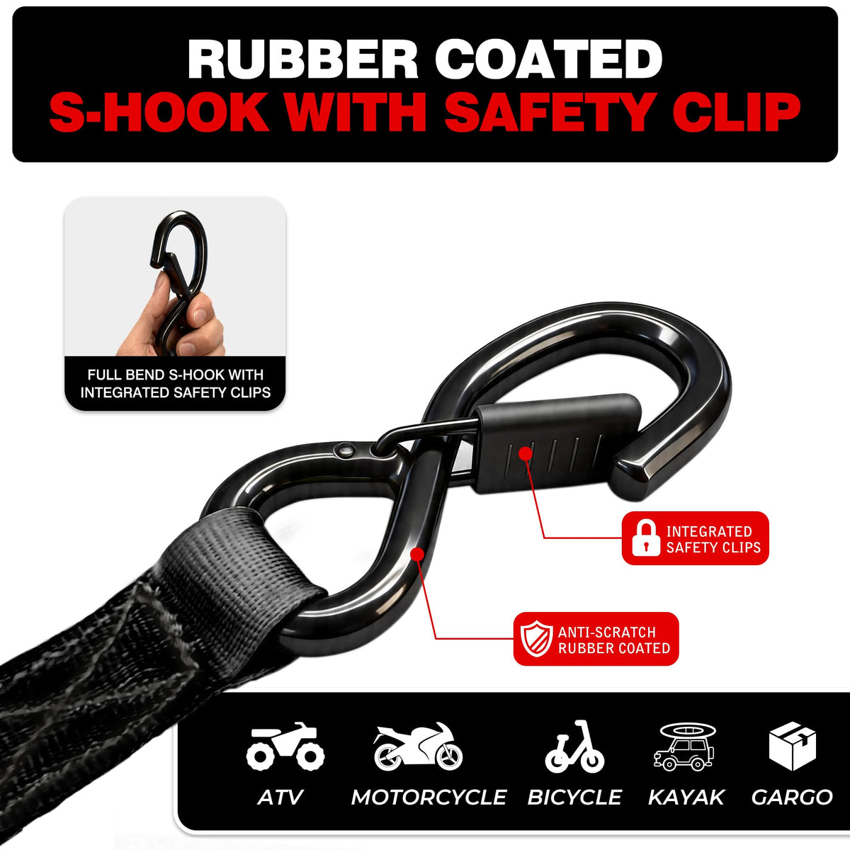 Retractable Motorcycle Tie Down Straps, 1" x 10' with Fleece Sleeves