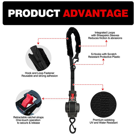 Retractable Motorcycle Tie Down Straps, 1" x 10' with Fleece Sleeves