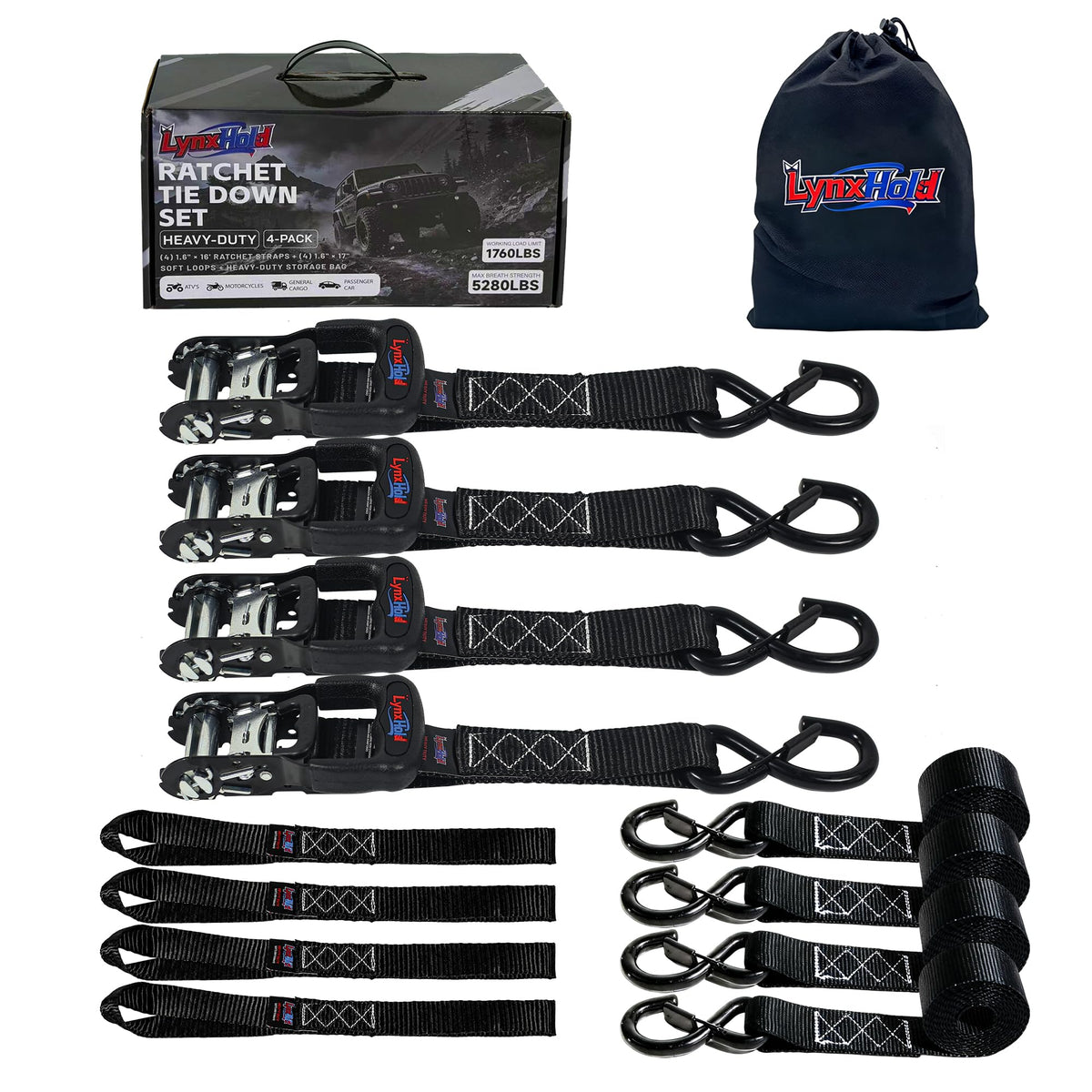 Ratchet Tie Down Straps, 1.6" x 8', 5,280 LBS Break Strength