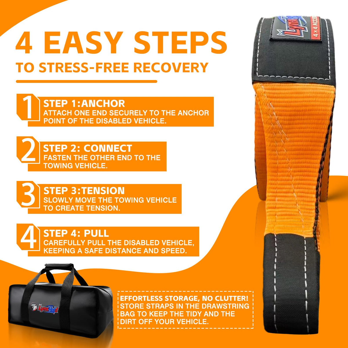 Kinetic Recovery Tow Rope, 1" x 30ft, 46,500 lb, 30% Elasticity Offroad Tow Strap