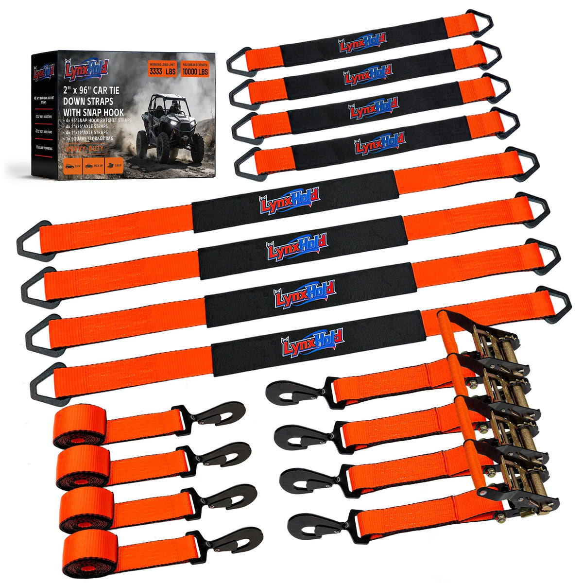 2" x 96" Cargo Control Wire Hook Ratchet Straps, Wheel Tie Down System