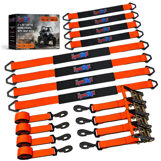 2" x 96" Cargo Control Wire Hook Ratchet Straps, Wheel Tie Down System