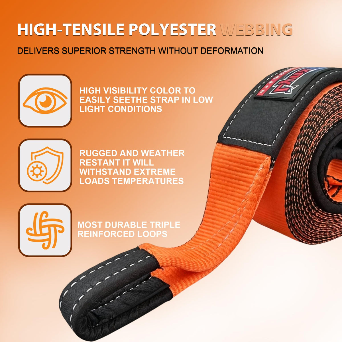 Kinetic Recovery Tow Rope, 1" x 30ft, 46,500 lb, 30% Elasticity Offroad Tow Strap