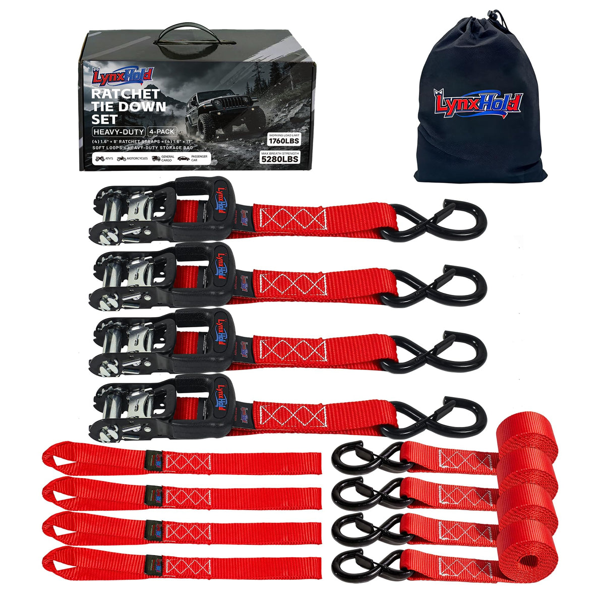 Ratchet Tie Down Straps, 1.6" x 8', 5,280 LBS Break Strength