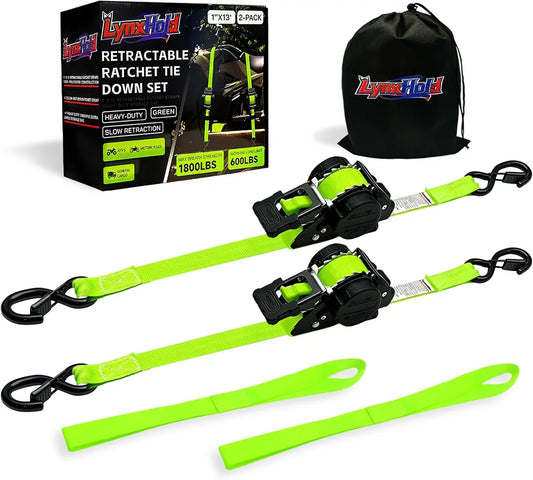 Retractable Ratchet Straps 1" x 13 Ft, Bolt-On, 1,800 Lbs, Green, 2 Pack