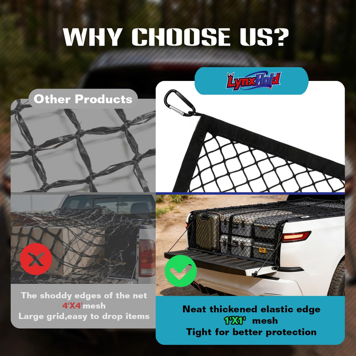 LynxHold Stretch Cargo Net, 4'x4' to 8'x8' for Pickup Truck Bed