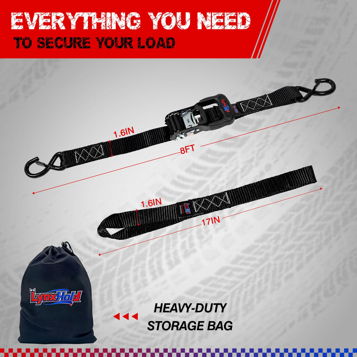 Ratchet Tie Down Straps, 1.6" x 8', 5,280 LBS Break Strength