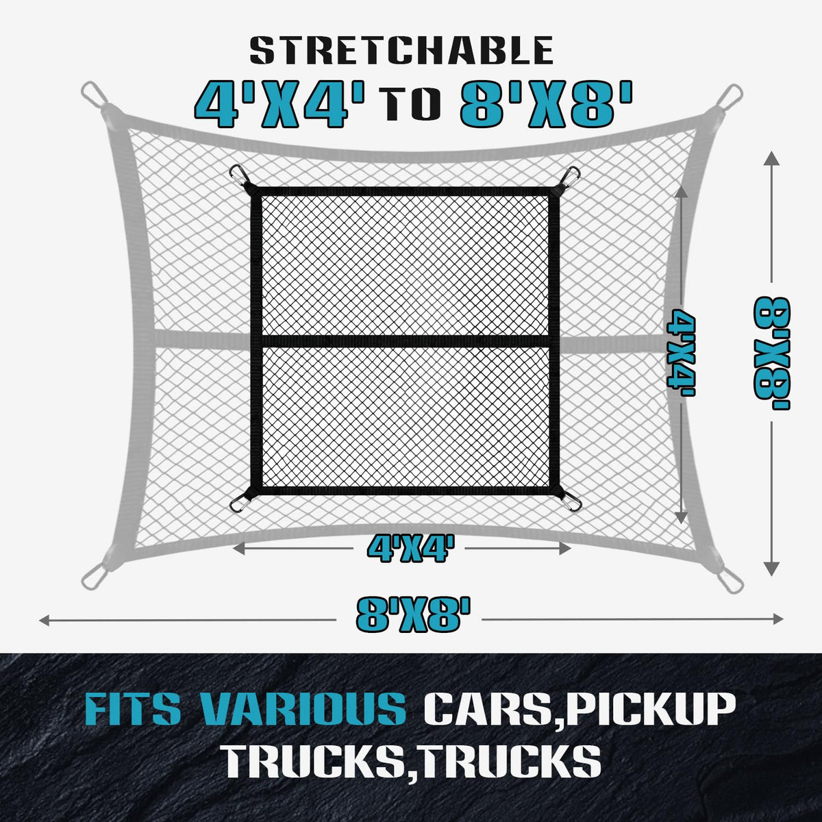 LynxHold Stretch Cargo Net, 4'x4' to 8'x8' for Pickup Truck Bed