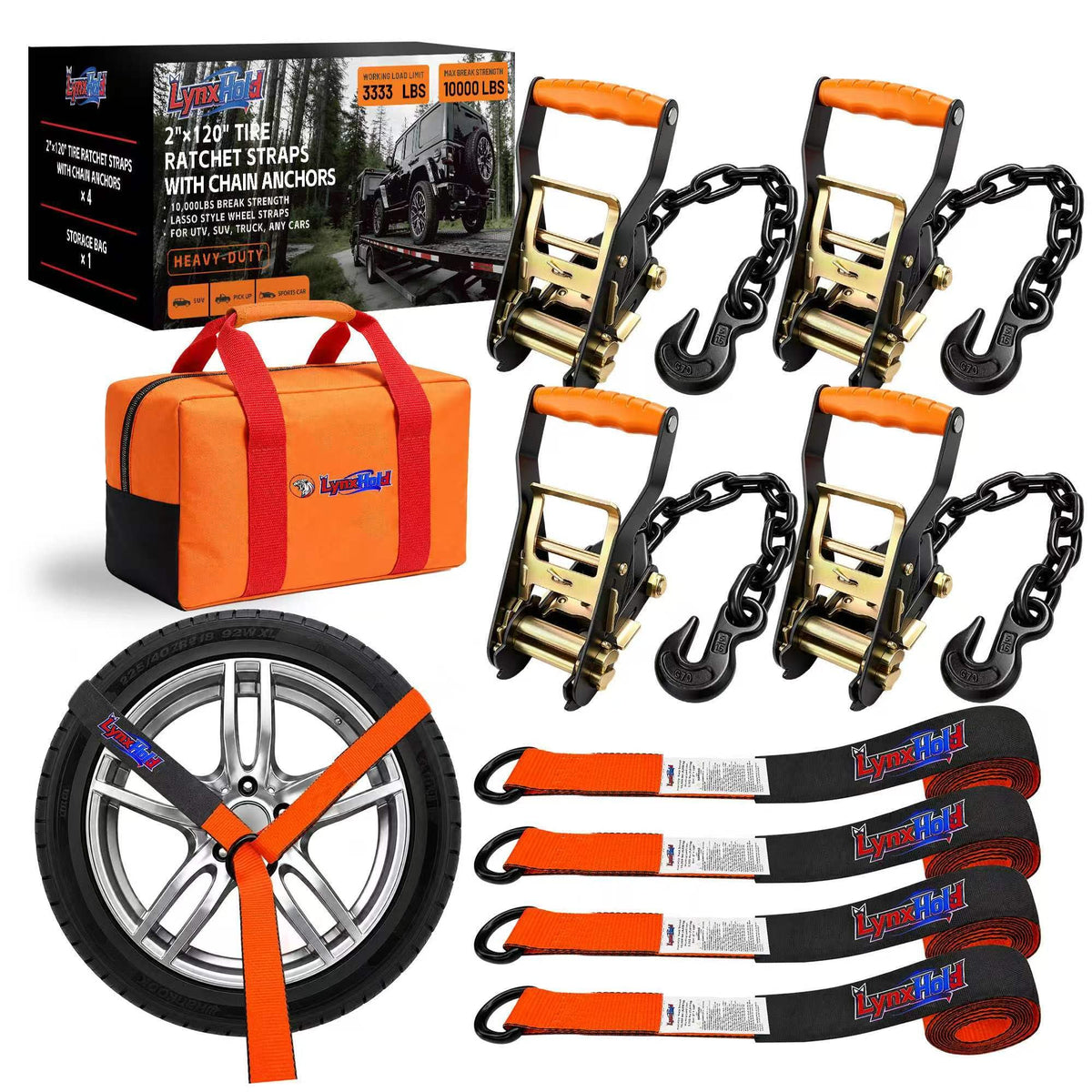 Car Hauler Tie Down Straps 2" x 120", 10,000 lb Lasso Wheel Straps with Hooks, 4-Pack