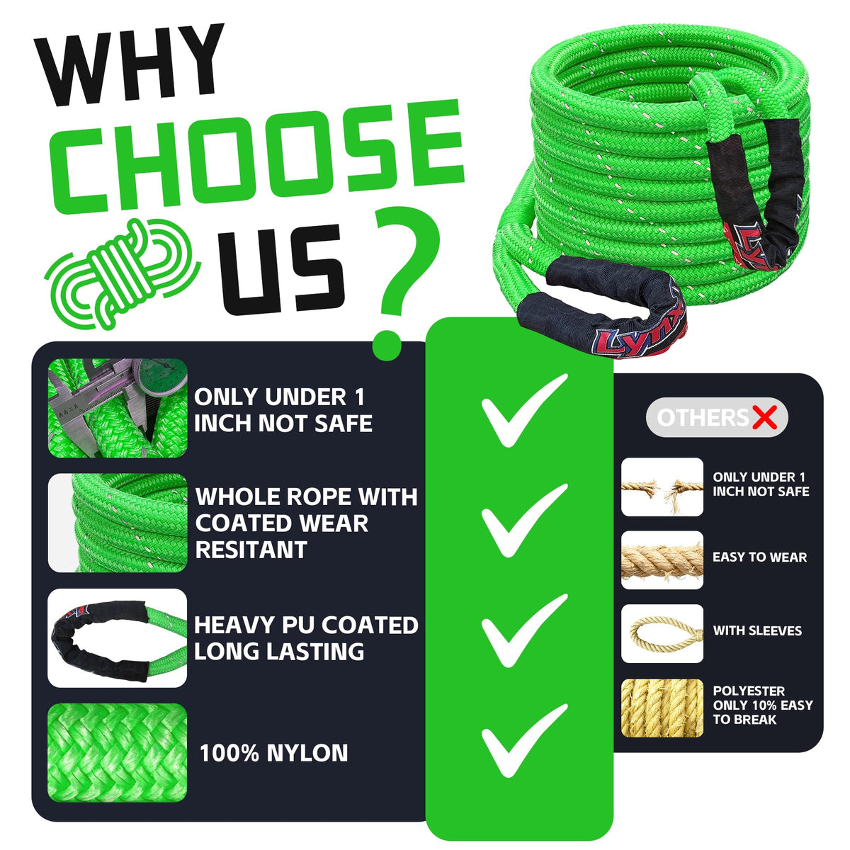 Kinetic Recovery Rope, 48,500 LBS, 1" x 30ft, Green with Reflective Strips