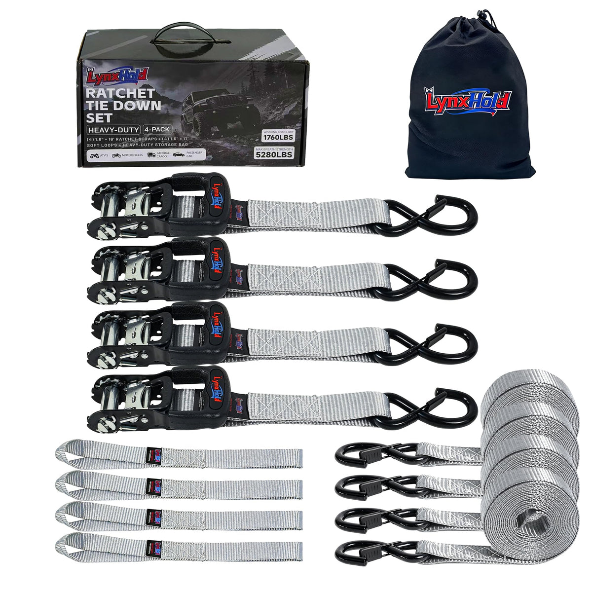 Ratchet Tie Down Straps, 1.6" x 8', 5,280 LBS Break Strength